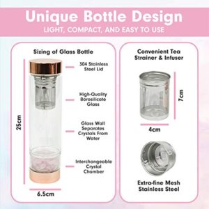 PRANAM YOGI Crystal Water Bottle - Rose Quartz Gemstone Infused Elixir Water Bottle with Loose Leaf Tea Infuser and Protective Sleeve - Wellness Glass and Rose Gold Stainless Steel - 15 oz