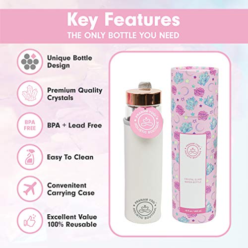 PRANAM YOGI Crystal Water Bottle - Rose Quartz Gemstone Infused Elixir Water Bottle with Loose Leaf Tea Infuser and Protective Sleeve - Wellness Glass and Rose Gold Stainless Steel - 15 oz