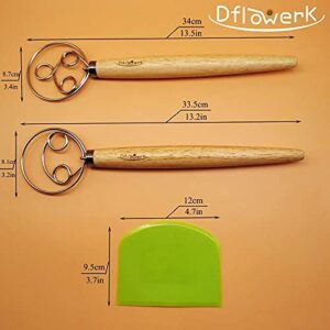 DflowerK Danish Dough Whisk Hand Mixer and Dough Scraper Set Stainless Steel Dutch Dough Whisk Kitchen Baking Tools for Bread Cookie Souffle Pastry Pizza Dough