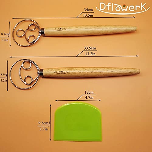 DflowerK Danish Dough Whisk Hand Mixer and Dough Scraper Set Stainless Steel Dutch Dough Whisk Kitchen Baking Tools for Bread Cookie Souffle Pastry Pizza Dough