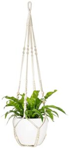 mkono 43 inch macrame plant hanger large for up to 12 inch pot extra long hanging plant holder no tassels hanging planter basket with wood beads for indoor outdoor boho home decor, ivory