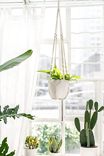 Mkono 43 Inch Macrame Plant Hanger Large for up to 12 Inch Pot Extra Long Hanging Plant Holder No Tassels Hanging Planter Basket with Wood Beads for Indoor Outdoor Boho Home Decor, Ivory