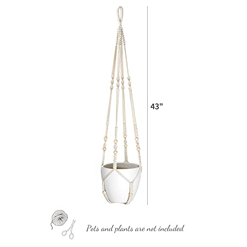 Mkono 43 Inch Macrame Plant Hanger Large for up to 12 Inch Pot Extra Long Hanging Plant Holder No Tassels Hanging Planter Basket with Wood Beads for Indoor Outdoor Boho Home Decor, Ivory