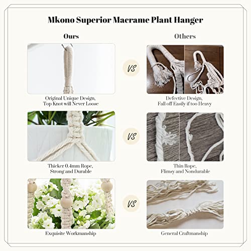 Mkono 43 Inch Macrame Plant Hanger Large for up to 12 Inch Pot Extra Long Hanging Plant Holder No Tassels Hanging Planter Basket with Wood Beads for Indoor Outdoor Boho Home Decor, Ivory