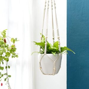 Mkono 43 Inch Macrame Plant Hanger Large for up to 12 Inch Pot Extra Long Hanging Plant Holder No Tassels Hanging Planter Basket with Wood Beads for Indoor Outdoor Boho Home Decor, Ivory