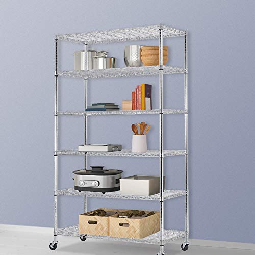 18" D×48" W×72" H Wire Shelving Unit Metal Shelf with 6 Tier Casters Adjustable Layer Rack Strong Steel for Commercial Restaurant Garage Pantry Kitchen Garage，Chrome