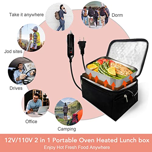 Portable Oven 2 in 1 Food Warmer Heated Lunch box, Personal Heating Lunch Box For Reheating & Raw Food Cooking in Office, Travel, Car Truck and Home Kitchen(12V Car Druck and 110V Dual Use)