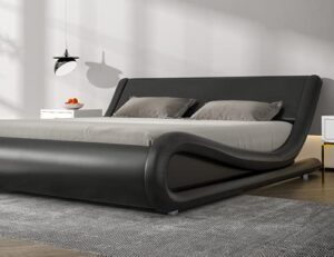sha cerlin queen size bed frame luxury wave-like modern upholstered low profile platform bed, faux leather sleigh bed with adjustable headboard, no box spring needed, black
