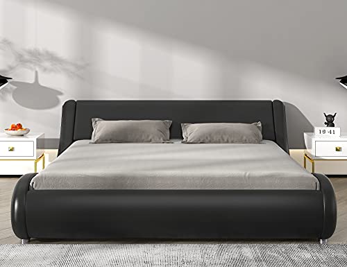 SHA CERLIN Queen Size Bed Frame Luxury Wave-Like Modern Upholstered Low Profile Platform Bed, Faux Leather Sleigh Bed with Adjustable Headboard, No Box Spring Needed, Black