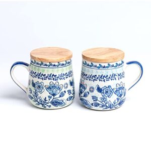 taimei teatime coffee mug with lid, set of 2, 16.5 oz, ceramic coffee mugs with handpainted floral pattern, mugs gift set for tea lover, woman and couple, microwave and dishwasher safe