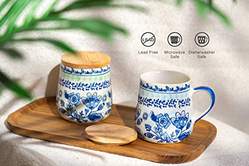 Taimei Teatime Coffee Mug with Lid, Set of 2, 16.5 oz, Ceramic Coffee Mugs with Handpainted Floral Pattern, Mugs Gift Set for Tea Lover, Woman and Couple, Microwave and Dishwasher Safe