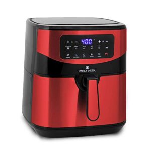 paula deen stainless steel 10 qt digital air fryer (1700 watts), led display, 10 preset cooking functions, ceramic non-stick coating, auto shut-off, 50 recipes (red stainless)