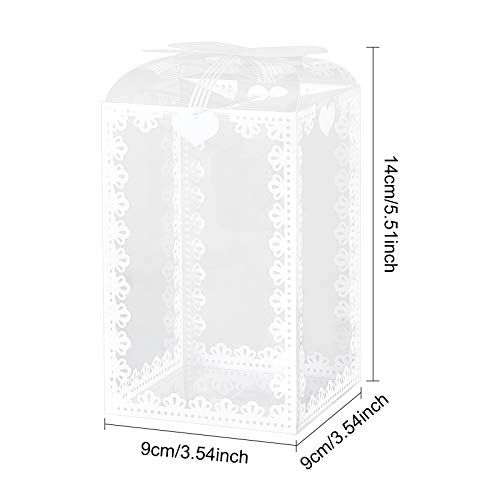 BENECREAT 24PCS 3.5x3.5x5.5 Clear Wedding Favour Boxes with Bowknot Pattern Rectangle PVC Transparent Gift Boxes for Candy Chocolate Wrapping