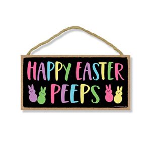 honey dew gifts, happy easter peeps, 10 inch by 5 inch, made in usa, wooden signs, signs for wreath, bunny door sign, spring easter decorative wood sign, rabbit themed decor, easter decorations
