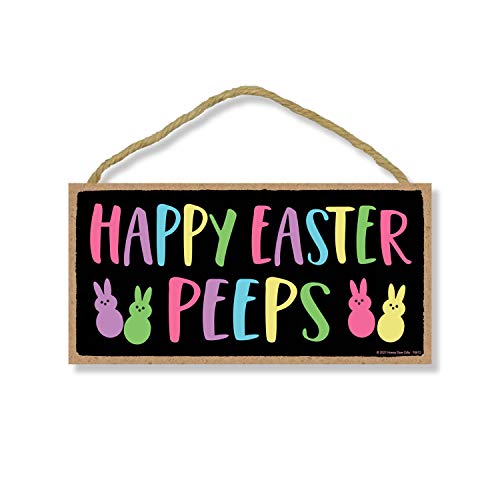 Honey Dew Gifts, Happy Easter Peeps, 10 inch by 5 inch, Made In USA, Wooden Signs, Signs For Wreath, Bunny Door Sign, Spring Easter Decorative Wood Sign, Rabbit Themed Decor, Easter Decorations