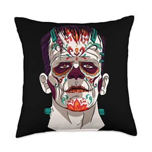retro dia de los muertos tee halloween party gift catrina frankenstein sugar skull horror movie throw pillow, 18x18, multicolor
