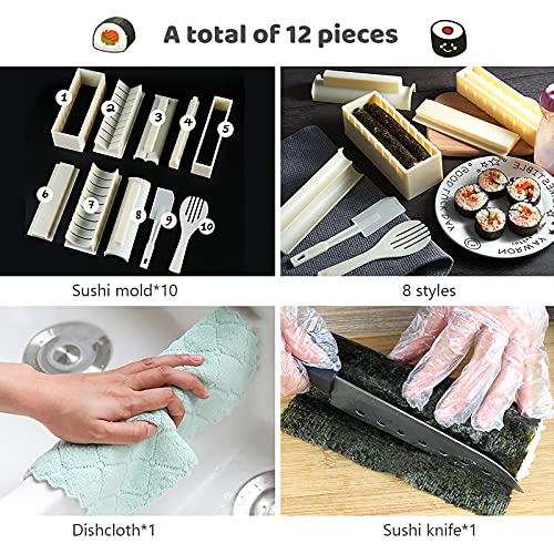 HI NINGER Sushi Making Kit Deluxe Edition Heart Sushi Mold Complete Sushi Maker Kit 12PCS Home Sushi Mold Press with 8 Sushi Rice Roll Mold Shapes 1 Fork 1 Spatula 1 Sushi Knife DIY Home Sushi Tool