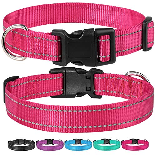 Reflective Dog Collar with Buckle Adjustable Safety Nylon Collars for Small Medium Large Dogs, Hotpink S