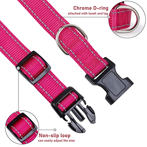 Reflective Dog Collar with Buckle Adjustable Safety Nylon Collars for Small Medium Large Dogs, Hotpink S