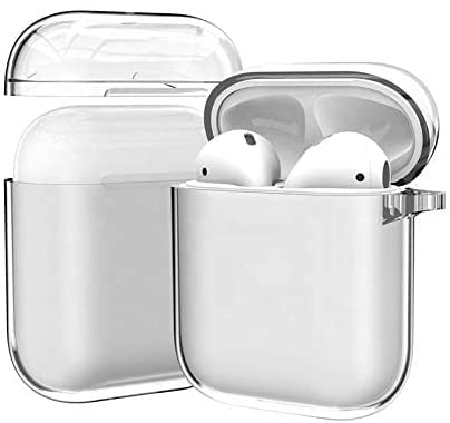 AirPod Protective Case, Crystal Clear Hard-Shell Silicone Protective Case, Compatible with Apple AirPod 1 & 2, with Carabiner / Keychain Hook, Visible Front LED, Allows for Wireless Charging