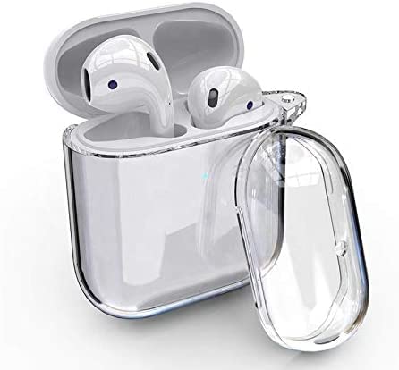 AirPod Protective Case, Crystal Clear Hard-Shell Silicone Protective Case, Compatible with Apple AirPod 1 & 2, with Carabiner / Keychain Hook, Visible Front LED, Allows for Wireless Charging