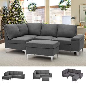 esright left facing sectional sofa with ottoman,convertible corner couches with armrest storage, sectional couch for living room & apartment, left chaise & grey