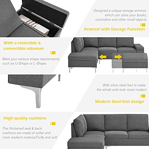 Esright Left Facing Sectional Sofa with Ottoman,Convertible Corner Couches with Armrest Storage, Sectional Couch for Living Room & Apartment, Left Chaise & Grey