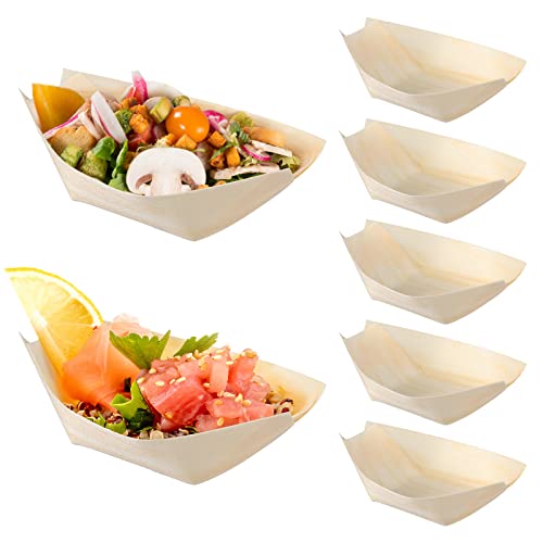 HEMOTON 50PCS Wooden Sushi Serving Tray Boat Plate Japanese Sashimi Serving Plate Tray Platter Snack Dish Fast Food Boat Basket Tealight Holder for Home Restaurant (6X4X2cm)