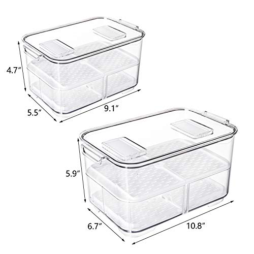 Suwimut 2 Pack Fridge Storage Containers Produce Saver, Stackable Refrigerator Organizer Bins Fresh Keeper Container with Vented Lids and Removable Drain Tray for Fruits and Vegetables