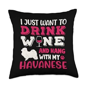 dog havanese gift havanese mom drink wine hang with dog funny gift throw pillow, 18x18, multicolor