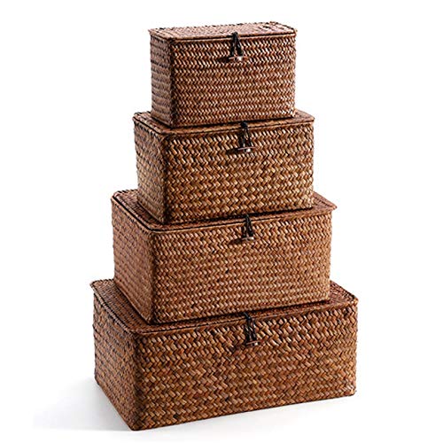 Woven Straw Storage Bins with Lid - Set of 4 - Rectangular Seagrass Basket/Storage Basket for Shelf Organizer