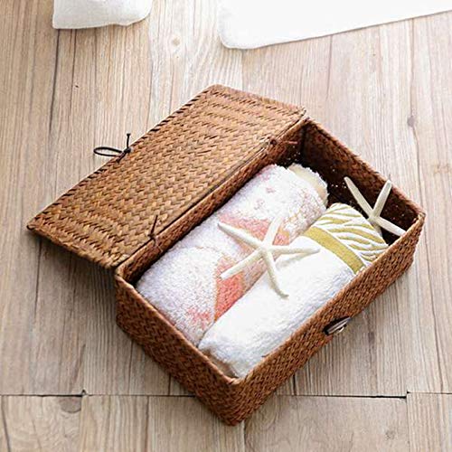 Woven Straw Storage Bins with Lid - Set of 4 - Rectangular Seagrass Basket/Storage Basket for Shelf Organizer