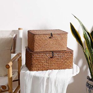 Woven Straw Storage Bins with Lid - Set of 4 - Rectangular Seagrass Basket/Storage Basket for Shelf Organizer