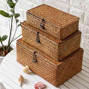 Woven Straw Storage Bins with Lid - Set of 4 - Rectangular Seagrass Basket/Storage Basket for Shelf Organizer