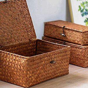 Woven Straw Storage Bins with Lid - Set of 4 - Rectangular Seagrass Basket/Storage Basket for Shelf Organizer