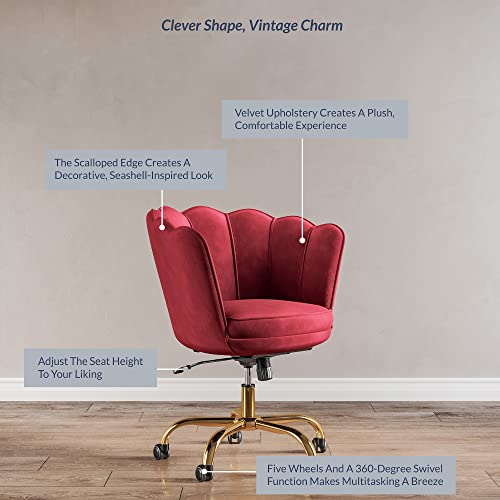 BELLEZE Upholstered Velvet Seashell Accent Chair, Rolling Swivel Office Vanity Unique Cute Decorative, Armless Stylish Comfy, Adjustable Height - Kaylee (Red - Gold)