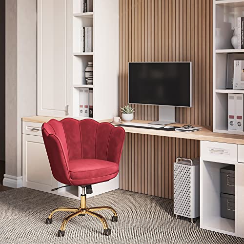 BELLEZE Upholstered Velvet Seashell Accent Chair, Rolling Swivel Office Vanity Unique Cute Decorative, Armless Stylish Comfy, Adjustable Height - Kaylee (Red - Gold)