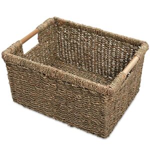 large wicker storage basket with wooden handles, seagrass baskets for shelves, natural basket with handle, wicker baskets for storage 14.5 x 10.3 x 7.5 inches