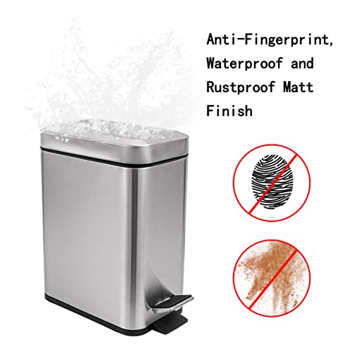 Camtcher Slim Trash Can and Toilet Brush Combo, Stainless Steel, 1.3 Gallon / 5 Liter, Rectangle Step Small Trash Can, Soft Close, Removable Plastic Bucket (1.3 Gallons and Toilet Brush)