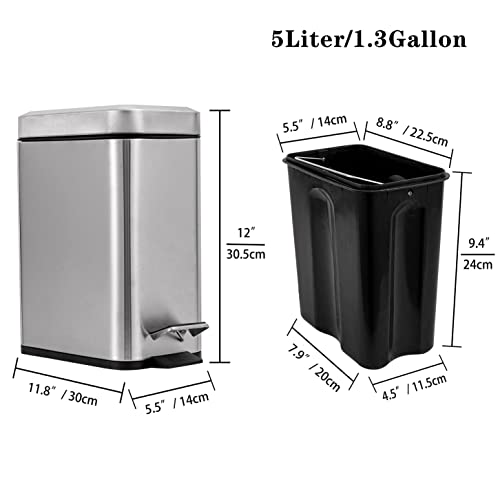Camtcher Slim Trash Can and Toilet Brush Combo, Stainless Steel, 1.3 Gallon / 5 Liter, Rectangle Step Small Trash Can, Soft Close, Removable Plastic Bucket (1.3 Gallons and Toilet Brush)