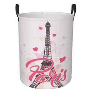 fehuew paris eiffel tower pink heart collapsible laundry basket with handle waterproof fabric hamper laundry storage baskets organizer large bins for dirty clothes,toys,bathroom