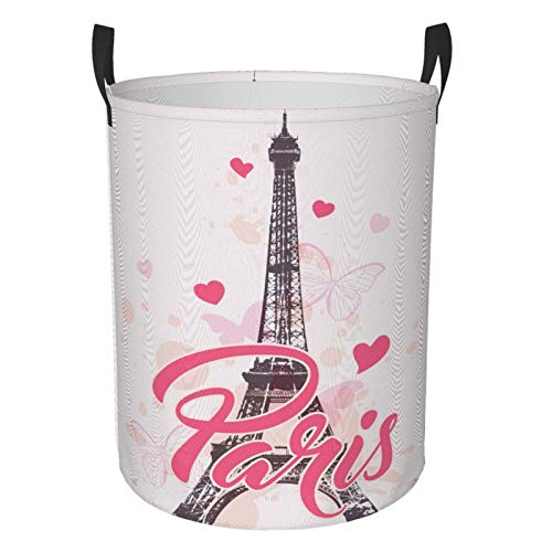 FeHuew Paris Eiffel Tower Pink Heart Collapsible Laundry Basket with Handle Waterproof Fabric Hamper Laundry Storage Baskets Organizer Large Bins for Dirty Clothes,toys,Bathroom