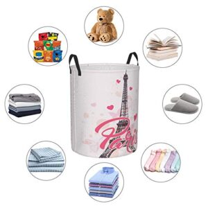 FeHuew Paris Eiffel Tower Pink Heart Collapsible Laundry Basket with Handle Waterproof Fabric Hamper Laundry Storage Baskets Organizer Large Bins for Dirty Clothes,toys,Bathroom