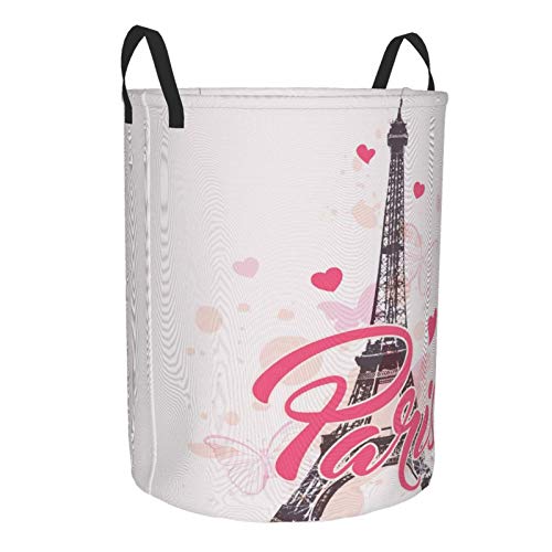 FeHuew Paris Eiffel Tower Pink Heart Collapsible Laundry Basket with Handle Waterproof Fabric Hamper Laundry Storage Baskets Organizer Large Bins for Dirty Clothes,toys,Bathroom