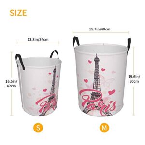 FeHuew Paris Eiffel Tower Pink Heart Collapsible Laundry Basket with Handle Waterproof Fabric Hamper Laundry Storage Baskets Organizer Large Bins for Dirty Clothes,toys,Bathroom