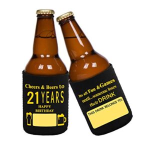 Yangmics Direct 21st Birthday Can Cooler Sleeves - 21st Birthday Party Supplies - Black and Gold Twenyt-first Birthday Cup Coolers-Pack of 12-Born in 2001