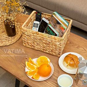 Natural Water Hyacinth storage basket with Handle, Rectangular Wicker Basket for Organizing, Decorative Wicker Storage Basket for Living Room, Medium Wicker Basket 12.2 x 8.9 x 6.9 inches