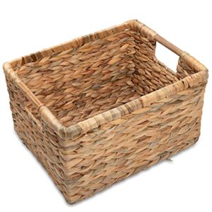 vatima large wicker basket rectangular with wooden handles for shelves, water hyacinth basket storage, natural baskets for organizing, wicker baskets for storage 14.5 x 10.3 x 7.5 inches