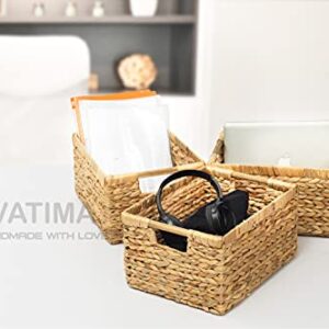 VATIMA Large Wicker Basket Rectangular with Wooden Handles for Shelves, Water Hyacinth Basket Storage, Natural Baskets for Organizing, Wicker Baskets for Storage 14.5 x 10.3 x 7.5 inches