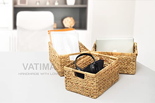 VATIMA Large Wicker Basket Rectangular with Wooden Handles for Shelves, Water Hyacinth Basket Storage, Natural Baskets for Organizing, Wicker Baskets for Storage 14.5 x 10.3 x 7.5 inches